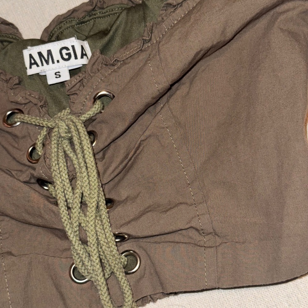 I.AM.GIA Olive Green Lace Up Puff Sleeve Off The Shoulder Crop Top Small